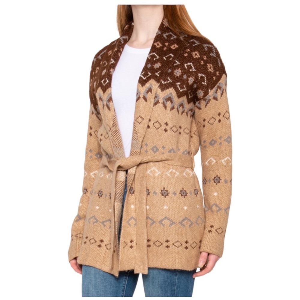 Lucky brand Brown and Tan Patterned Cardigan tie waist size L